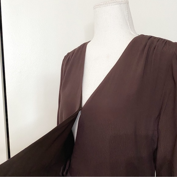 FRANK AND OAK THE WRAP BELTED MINI DRESS IN CHOCOLATE SHIMMER BROWN - S - Picture 7 of 12